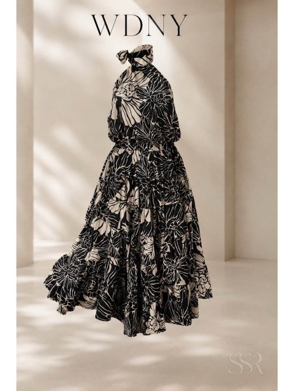 WD·NY Silk Halter Midi Dress Black White Floral Tiered Skirt Open Back NWT Sz 10